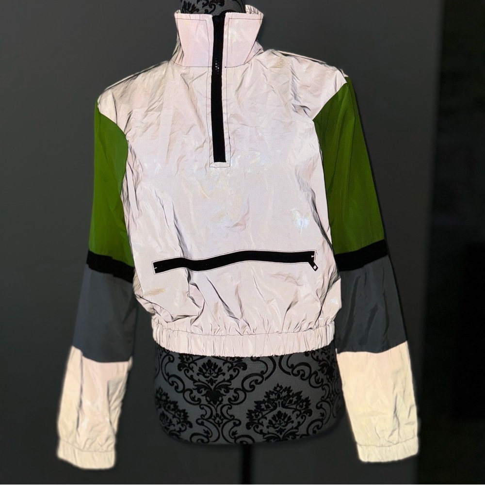 Revamped Reflective Silver Neon Yellow Windbreaker Pullover Cropped Jacket XS